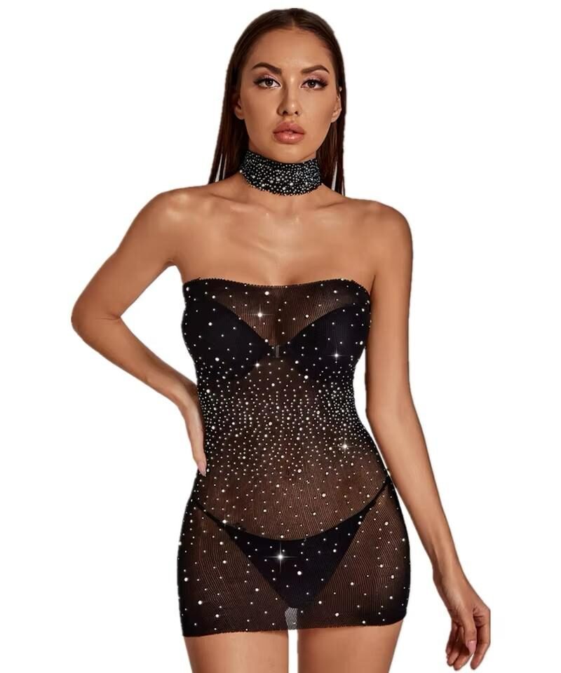 Vestido Brillos Choker Negro